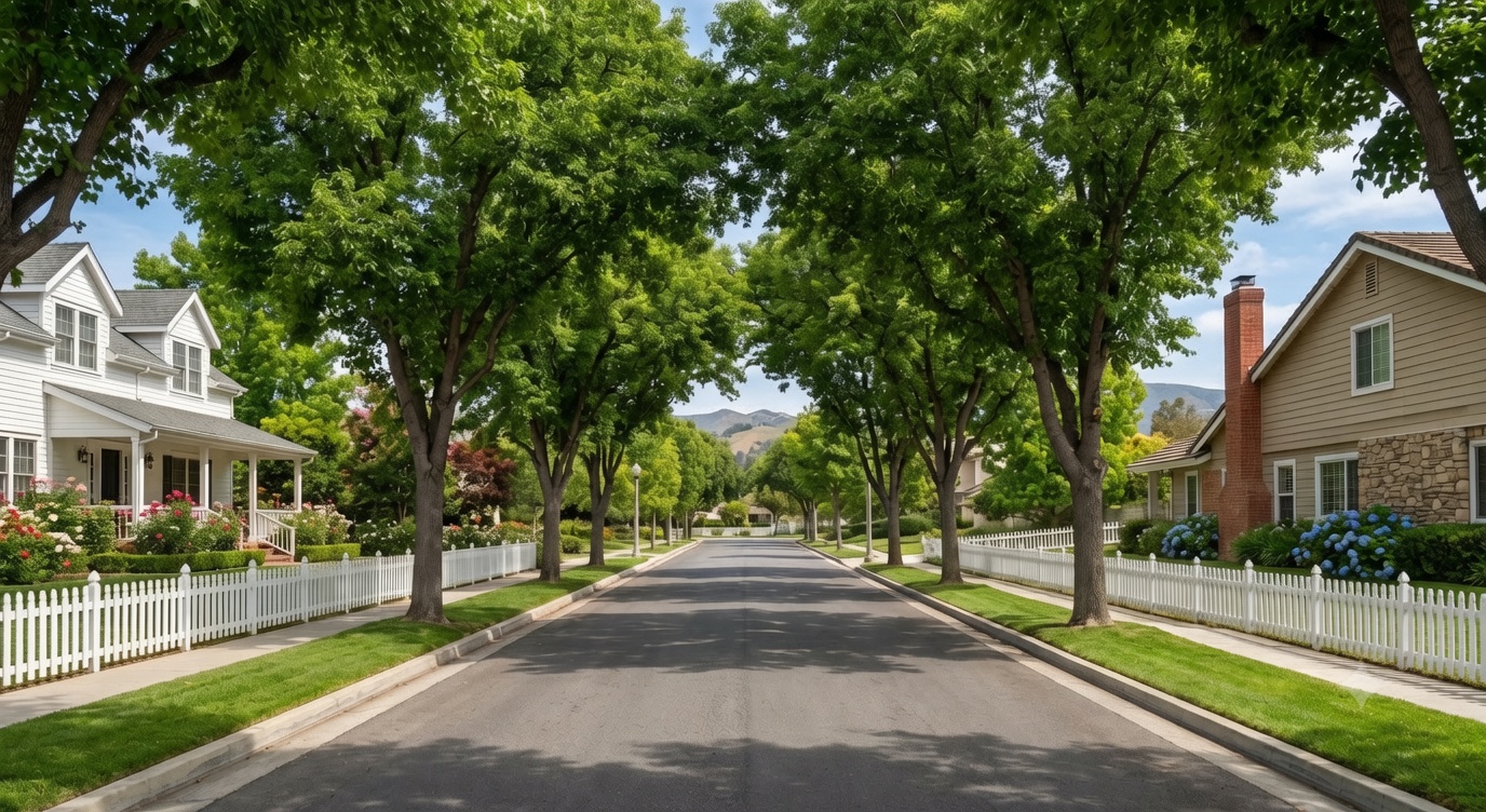 Tree-lined Yorba Linda residential street with established homes and hills beyond, illustrating the 2026 housing market.