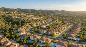Brea housing market, Q2 2026 — aerial view of a North Orange County hillside neighborhood with terracotta-roof homes among mature trees, foothills behind, in warm late-afternoon light.