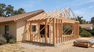 Newly framed room addition under construction on a Southern California single-family home