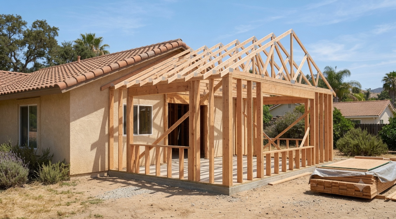 Newly framed room addition under construction on a Southern California single-family home