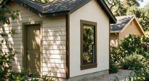 Detached backyard accessory dwelling unit in Orange, California, showing two exterior wall materials and trim detail.