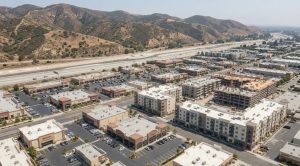 Aerial view of a Southern California commercial corridor at the base of dry foothills beside a freeway, evoking the Savi Ranch area where Yorba Linda concentrates its high-density rezoning.