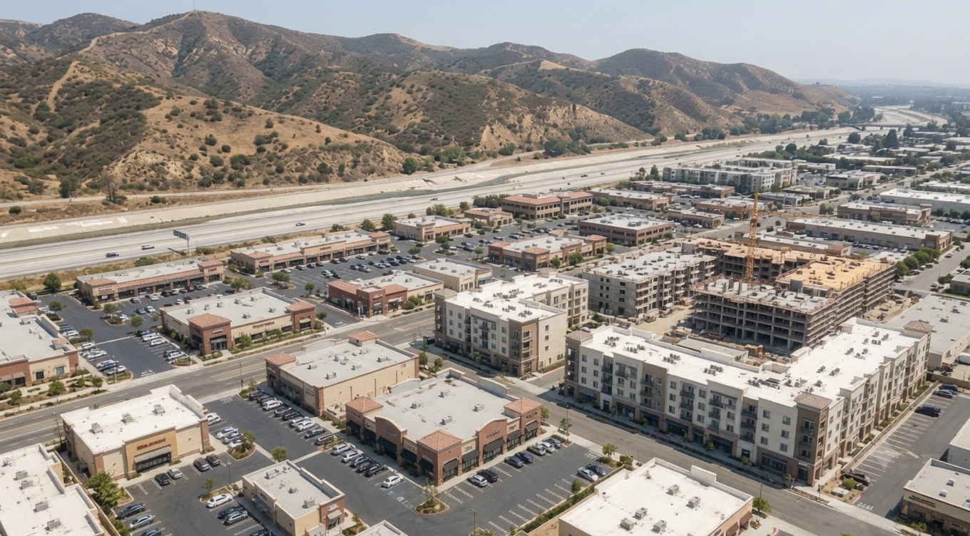 Aerial view of a Southern California commercial corridor at the base of dry foothills beside a freeway, evoking the Savi Ranch area where Yorba Linda concentrates its high-density rezoning.