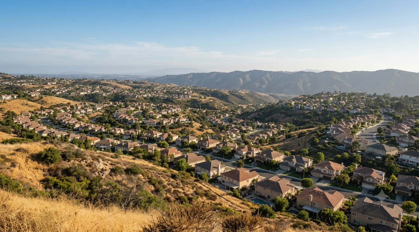 Yorba Linda foothill rooftops in late-afternoon summer light, editorial real-estate photograph.