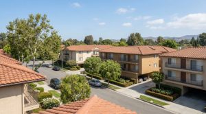 Elevated view of small multifamily rental buildings in a Southern California neighborhood