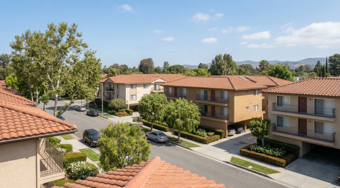 Elevated view of small multifamily rental buildings in a Southern California neighborhood