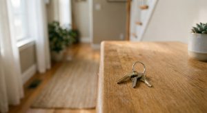House keys on a wooden table, representing getting ready to buy a home in Orange County