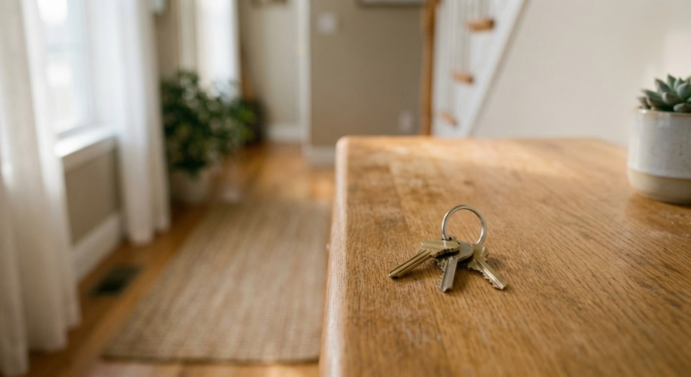 House keys on a wooden table, representing getting ready to buy a home in Orange County