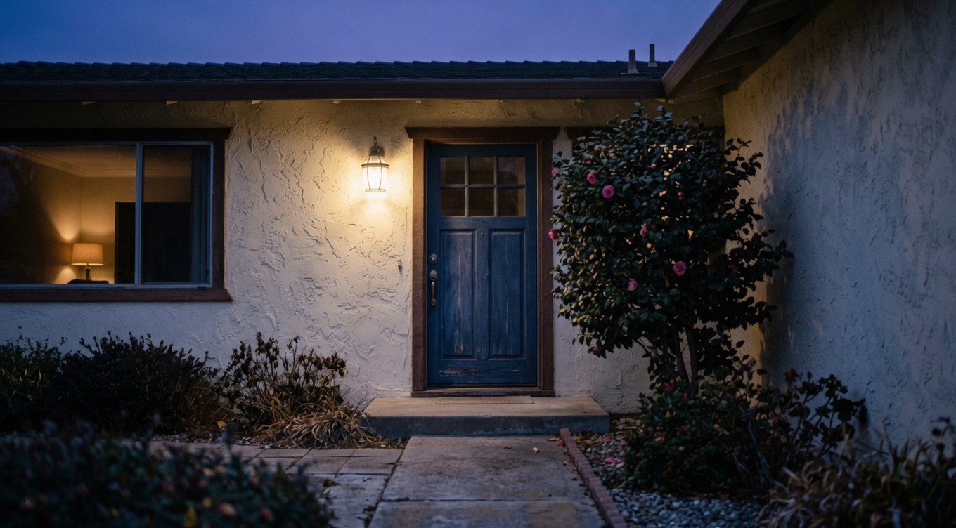 Front entry of a single-story California ranch home at twilight with one lit window