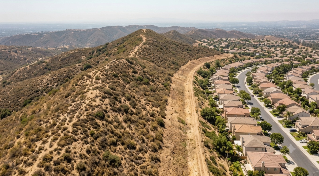 Aerial view of a Yorba Linda wildfire hazard zone where cleared defensible space separates hillside homes from dry chaparral brush.
