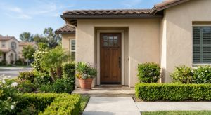 Tidy front entrance of an Orange County home prepared for sale on a summer morning