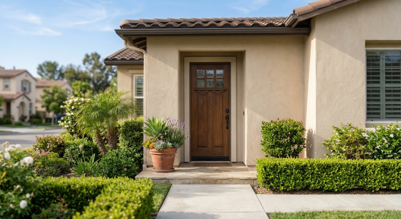 Tidy front entrance of an Orange County home prepared for sale on a summer morning