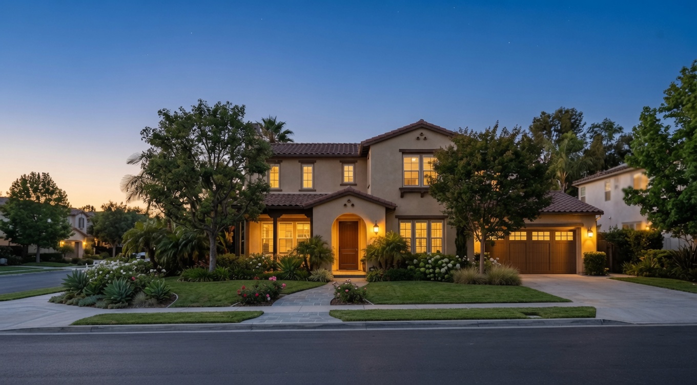 Two-story Orange, California home at blue-hour twilight with warm window light and summer trees.