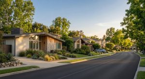 Representative Fullerton, California suburban homes on a tree-lined street in early summer, editorial Fullerton housing market portrait.