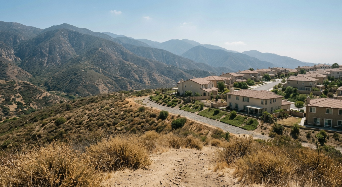 Dry chaparral hillside meeting a cleared buffer and tile-roofed hillside homes in an Anaheim Hills fire hazard zone