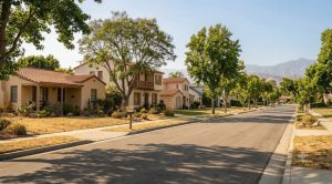 Southern California residential street with mixed home types in high summer light, illustrating the July 2026 Orange housing market.