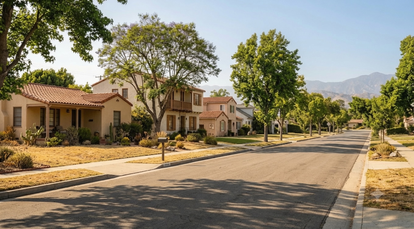 Southern California residential street with mixed home types in high summer light, illustrating the July 2026 Orange housing market.