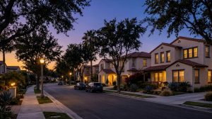 Southern California suburban street at blue hour with warm window light, illustrating the Placentia housing market in July 2026.