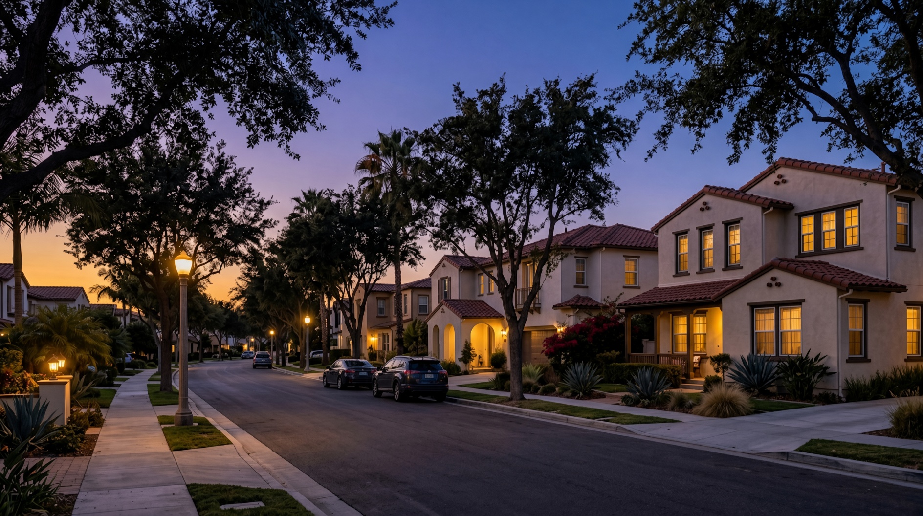 Southern California suburban street at blue hour with warm window light, illustrating the Placentia housing market in July 2026.