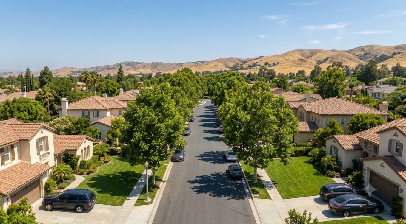 Aerial view of a tree-lined Fullerton residential street in summer.