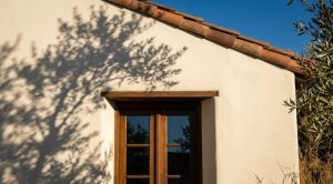 Close-up of a Southern California home elevation with stucco, tile roof, and mature landscaping in midsummer light.