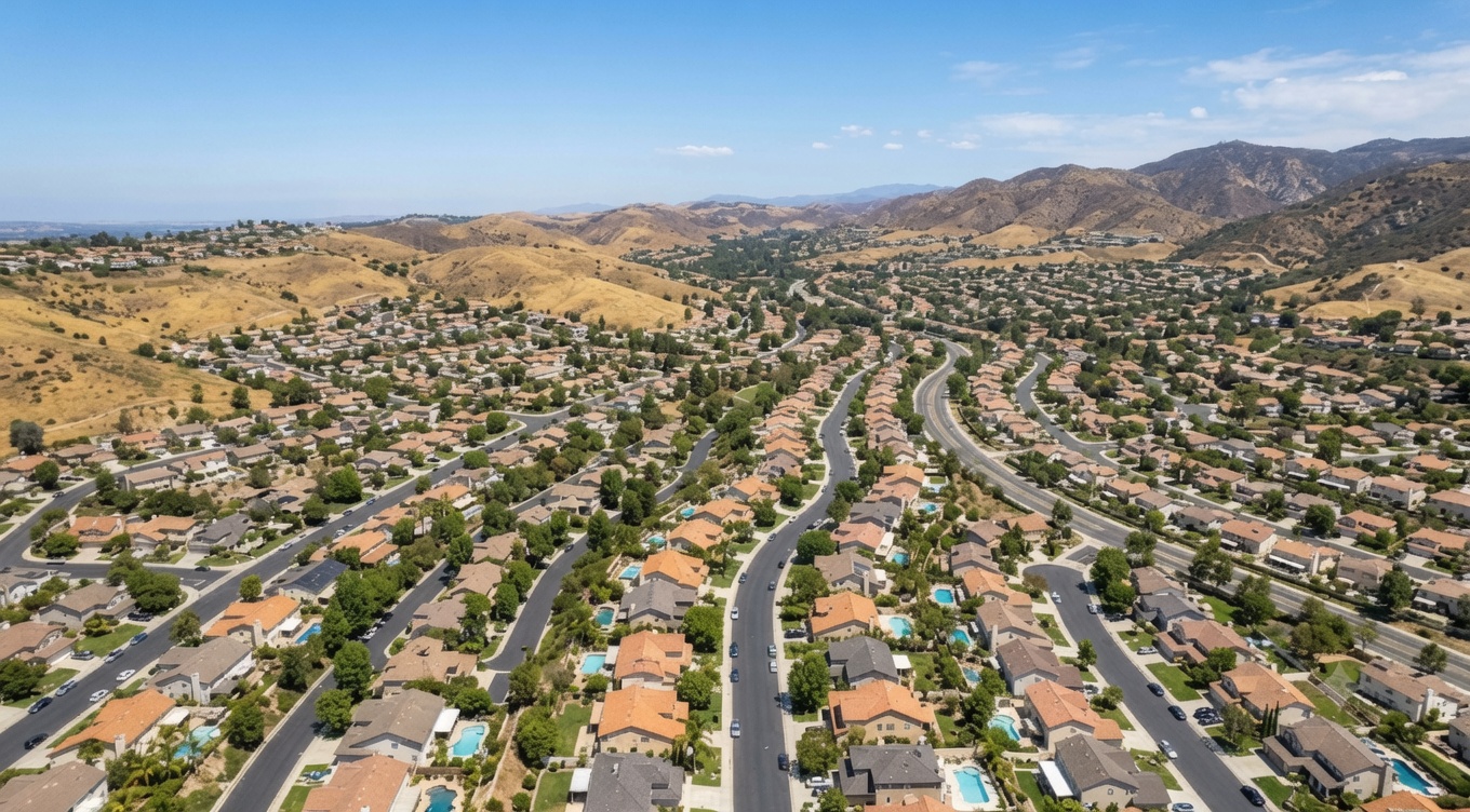 Aerial view of Yorba Linda hillside neighborhoods in clear midsummer light, July 2026 housing market update.